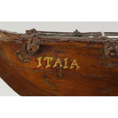 3346 - Well detailed wooden model of a catamaran boat and a smaller model, Itala, the largest 56cm in lengt... 