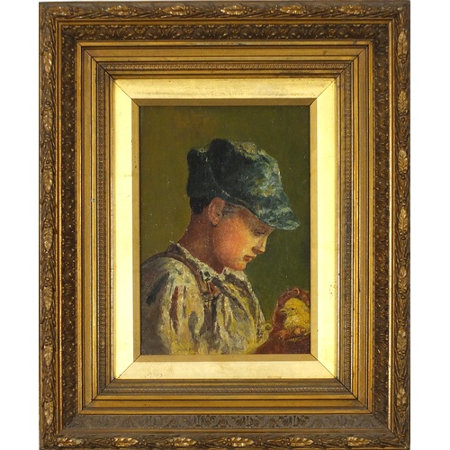 3299 - Young boy holding a chick, 19th century oil on canvas, mounted and framed, 24cm x 16.5cm