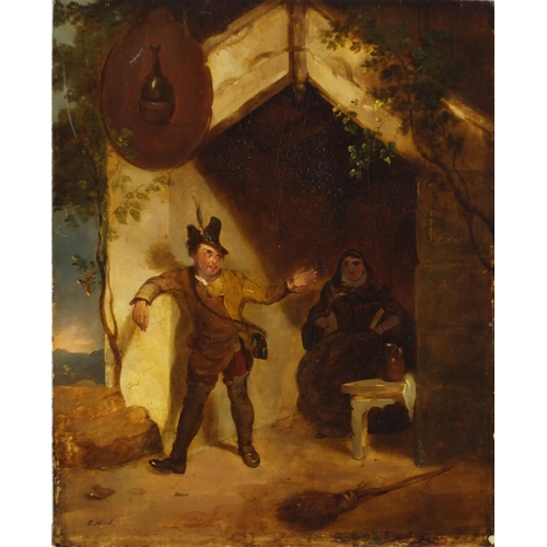 3396 - Attributed to Erskine Nicol - Two figures at entrance, 19th century Scottish school oil on wood pane... 