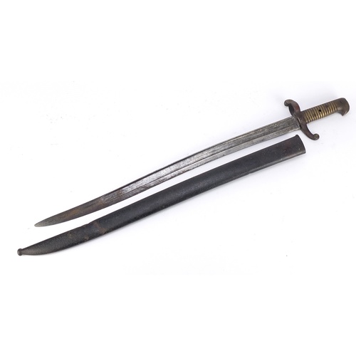 3115 - French Military interest Chassepot bayonet with scabbard, impressed marks to the blade, 72cm in leng... 