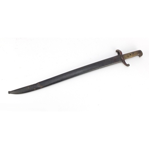 3115 - French Military interest Chassepot bayonet with scabbard, impressed marks to the blade, 72cm in leng... 