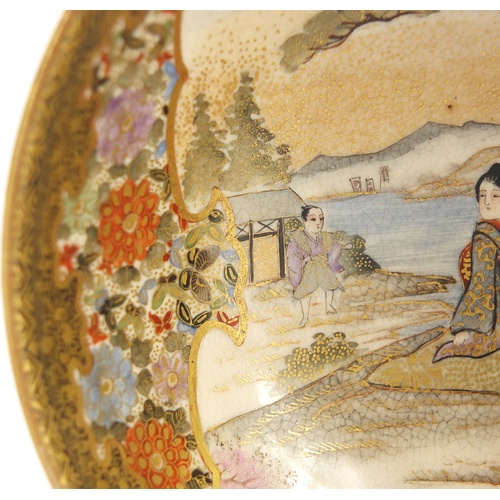 3214 - Japanese Satsuma pottery bowl, finely hand painted with figures in a landscape and flowers, four fig... 