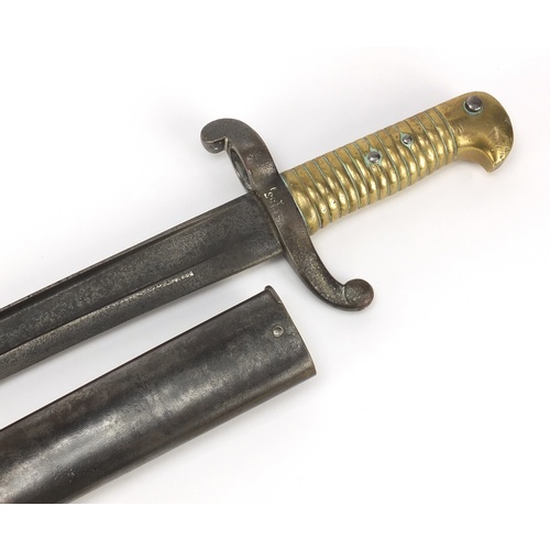 3779 - French military interest 1842 Yataghan bayonet with scabbard, impressed marks, 71cm long