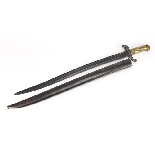 3779 - French military interest 1842 Yataghan bayonet with scabbard, impressed marks, 71cm long