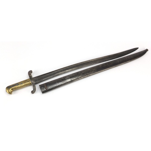 3779 - French military interest 1842 Yataghan bayonet with scabbard, impressed marks, 71cm long