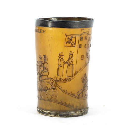3006 - 18/19th century horn beaker with silver plated mounts, carved with a stagecoach scene, inscribed Jon... 
