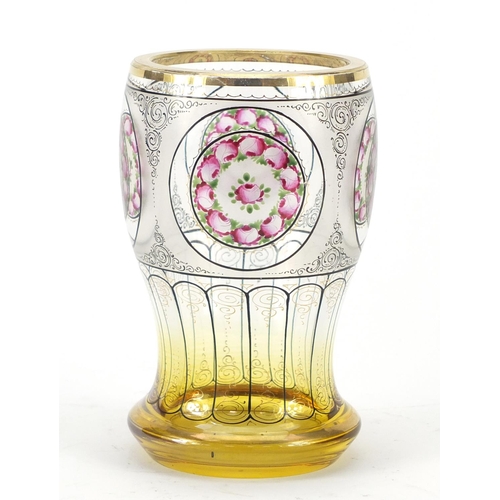 3366 - Bohemian amber flashed glass vase, hand painted with roundels of roses, 14.5cm high