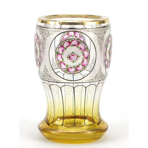 3366 - Bohemian amber flashed glass vase, hand painted with roundels of roses, 14.5cm high