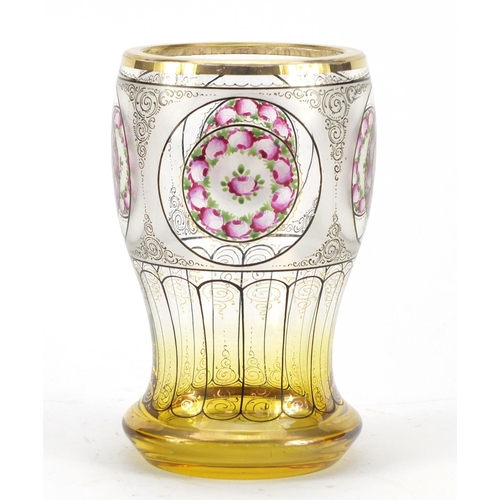 3366 - Bohemian amber flashed glass vase, hand painted with roundels of roses, 14.5cm high