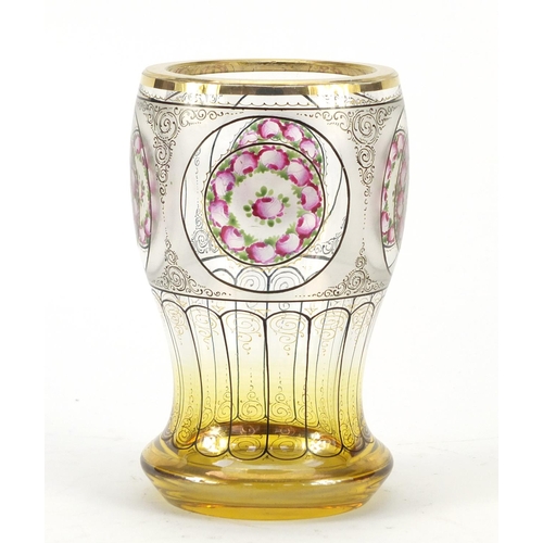 3366 - Bohemian amber flashed glass vase, hand painted with roundels of roses, 14.5cm high