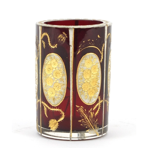 3918 - Bohemian ruby glass vase, gilded with flowers and thistles, 7.5cm high