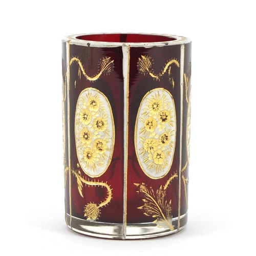 3918 - Bohemian ruby glass vase, gilded with flowers and thistles, 7.5cm high