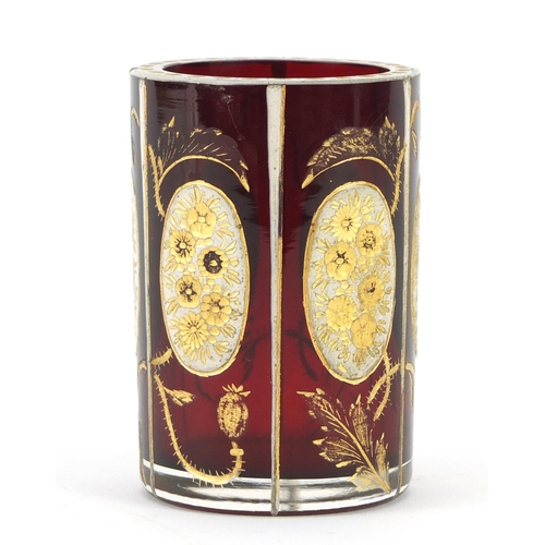 3918 - Bohemian ruby glass vase, gilded with flowers and thistles, 7.5cm high