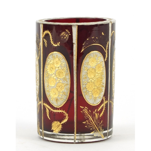 3918 - Bohemian ruby glass vase, gilded with flowers and thistles, 7.5cm high