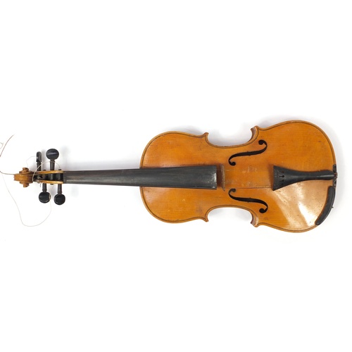 3462 - Old wooden violin with two bows having mother of pearl frogs and a fitted case, the violin back 14 i... 