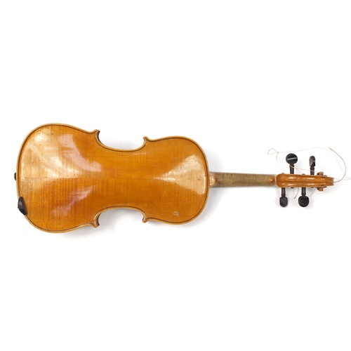 3462 - Old wooden violin with two bows having mother of pearl frogs and a fitted case, the violin back 14 i... 