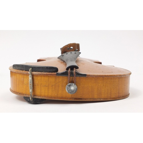 3462 - Old wooden violin with two bows having mother of pearl frogs and a fitted case, the violin back 14 i... 