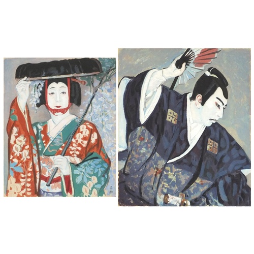 5246 - Geisha girl and warrior, near pair of Japanese school mixed media's, inscriptions verso, each mounte... 