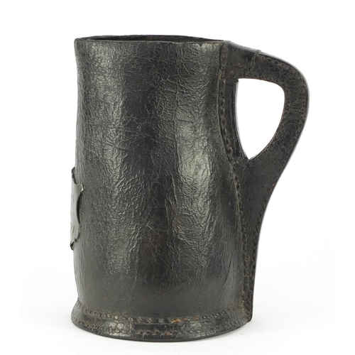 3001 - Large 17th century leather Black Jack jug with pewter cartouche engraved AF and dated 1671, 23.5cm h... 