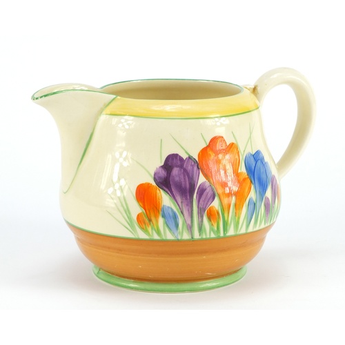 3584 - Art Deco Clarice Cliff pottery jug hand painted in the crocus pattern and a similar plate, the jug 1... 