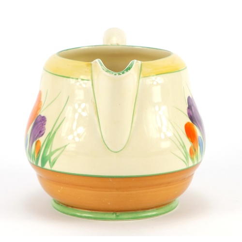 3584 - Art Deco Clarice Cliff pottery jug hand painted in the crocus pattern and a similar plate, the jug 1... 