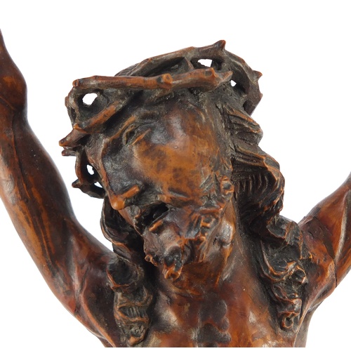 3004 - Good 17th century German school carved fruitwood Corpus Christi with crown of thorns, 37cm high