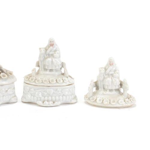 1252 - Three continental porcelain trinket boxes and four covers, the largest 9cm high