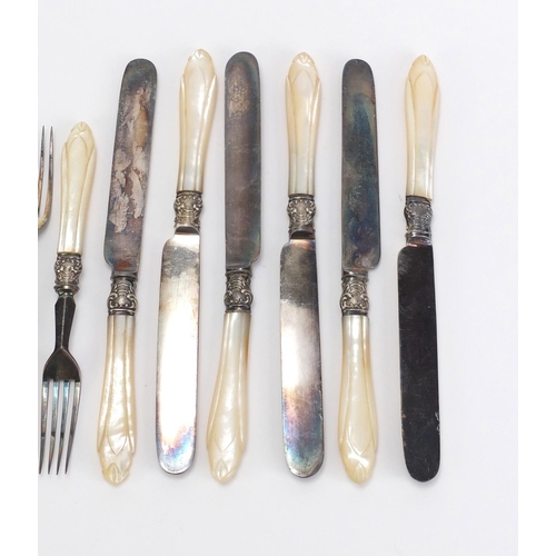 1172 - Set of six silver plated knives and forks with mother of pearl handles, the largest each 21.5cm in l... 