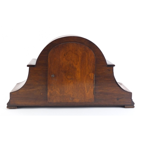 219 - Art deco Burr walnut Westminster chiming mantel clock with silvered dial and Arabic numerals, the mo... 