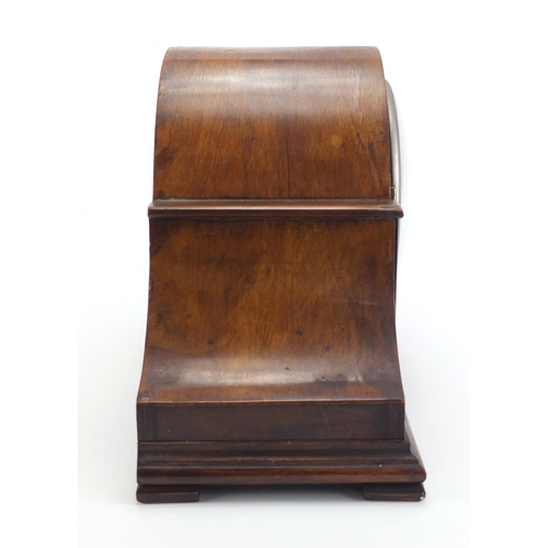 219 - Art deco Burr walnut Westminster chiming mantel clock with silvered dial and Arabic numerals, the mo... 