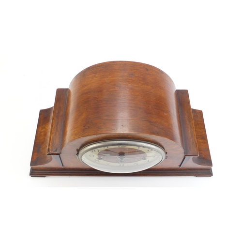 219 - Art deco Burr walnut Westminster chiming mantel clock with silvered dial and Arabic numerals, the mo... 