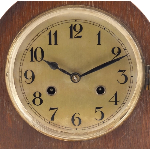 1249 - Oak cased dome top mantel clock with Arabic numerals, numbered 6962, 29cm high