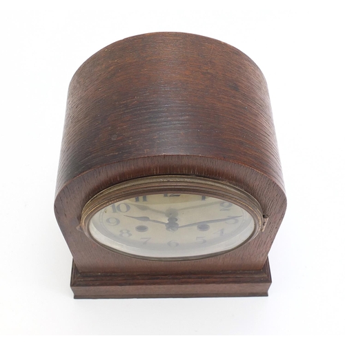 1249 - Oak cased dome top mantel clock with Arabic numerals, numbered 6962, 29cm high