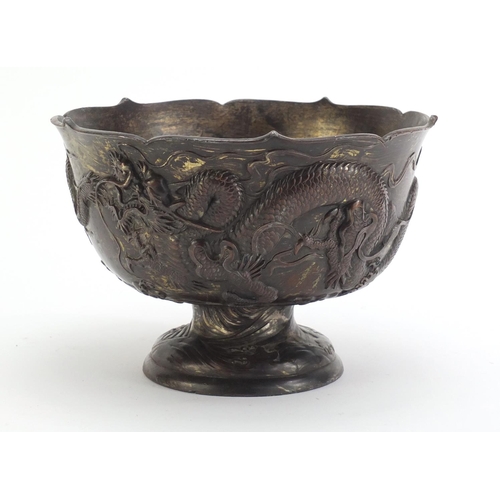 1181 - Japanese antimony pedestal bowl decorated with dragons, 19cm in diameter