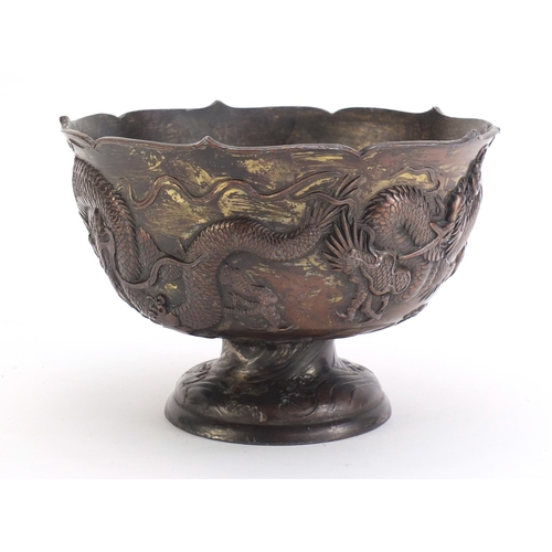 1181 - Japanese antimony pedestal bowl decorated with dragons, 19cm in diameter