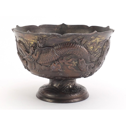 1181 - Japanese antimony pedestal bowl decorated with dragons, 19cm in diameter