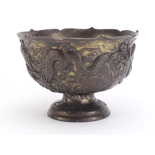 1181 - Japanese antimony pedestal bowl decorated with dragons, 19cm in diameter