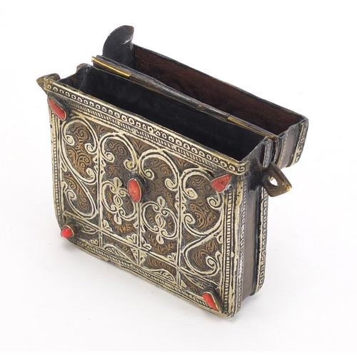 523 - Moroccan mixed metal Quran holder with red stones, 15cm high