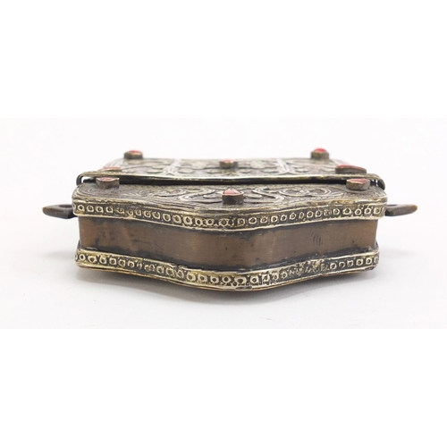 523 - Moroccan mixed metal Quran holder with red stones, 15cm high