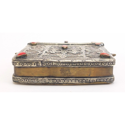 523 - Moroccan mixed metal Quran holder with red stones, 15cm high