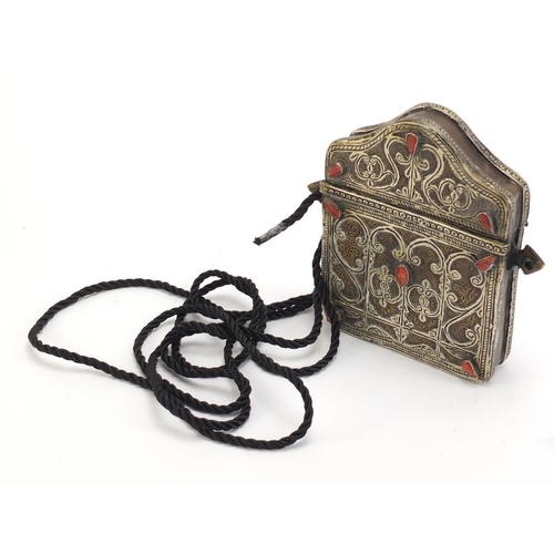 523 - Moroccan mixed metal Quran holder with red stones, 15cm high