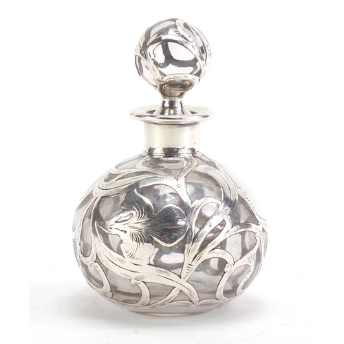 363 - Ornate silver overlaid glass scent bottle, 10cm high