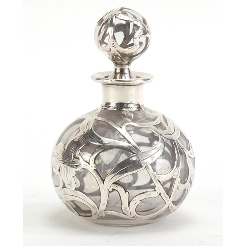 363 - Ornate silver overlaid glass scent bottle, 10cm high