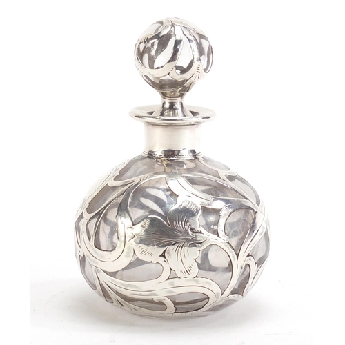 363 - Ornate silver overlaid glass scent bottle, 10cm high