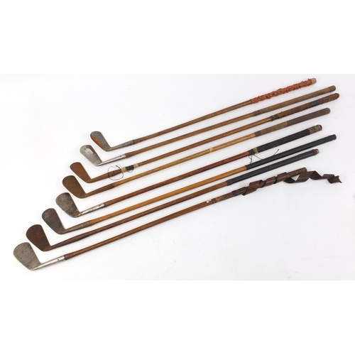 776 - Eight assorted wooden shafted golf clubs, the largest 100cm in length