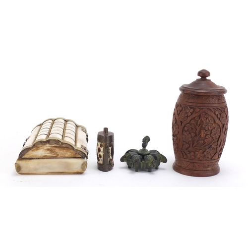 1273 - Objects including a bone casket and Indian wood container carved with flowers, the largest 16cm high