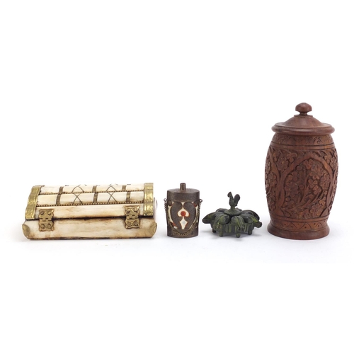 1273 - Objects including a bone casket and Indian wood container carved with flowers, the largest 16cm high