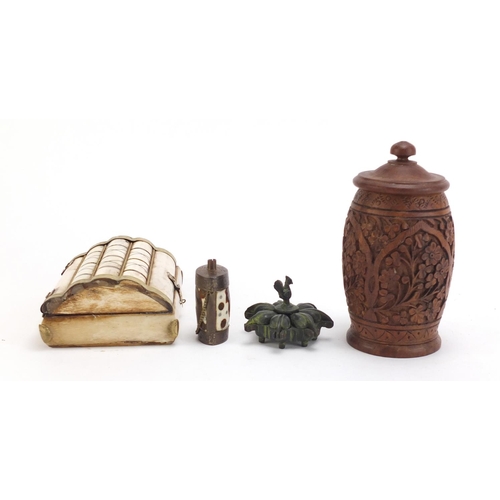 1273 - Objects including a bone casket and Indian wood container carved with flowers, the largest 16cm high