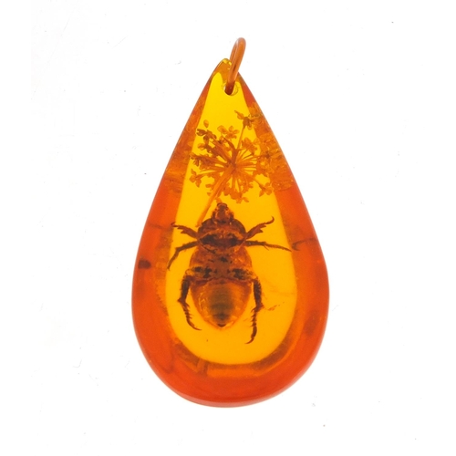 323 - Amber coloured tear-drop pendant inset with a beetle, 4.8cm high, 6.9g