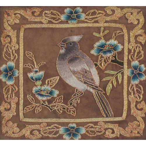 1158 - Chinese silk panel embroidered with a bird on a branch amongst flowers, framed and glazed, 19.5cm x ... 